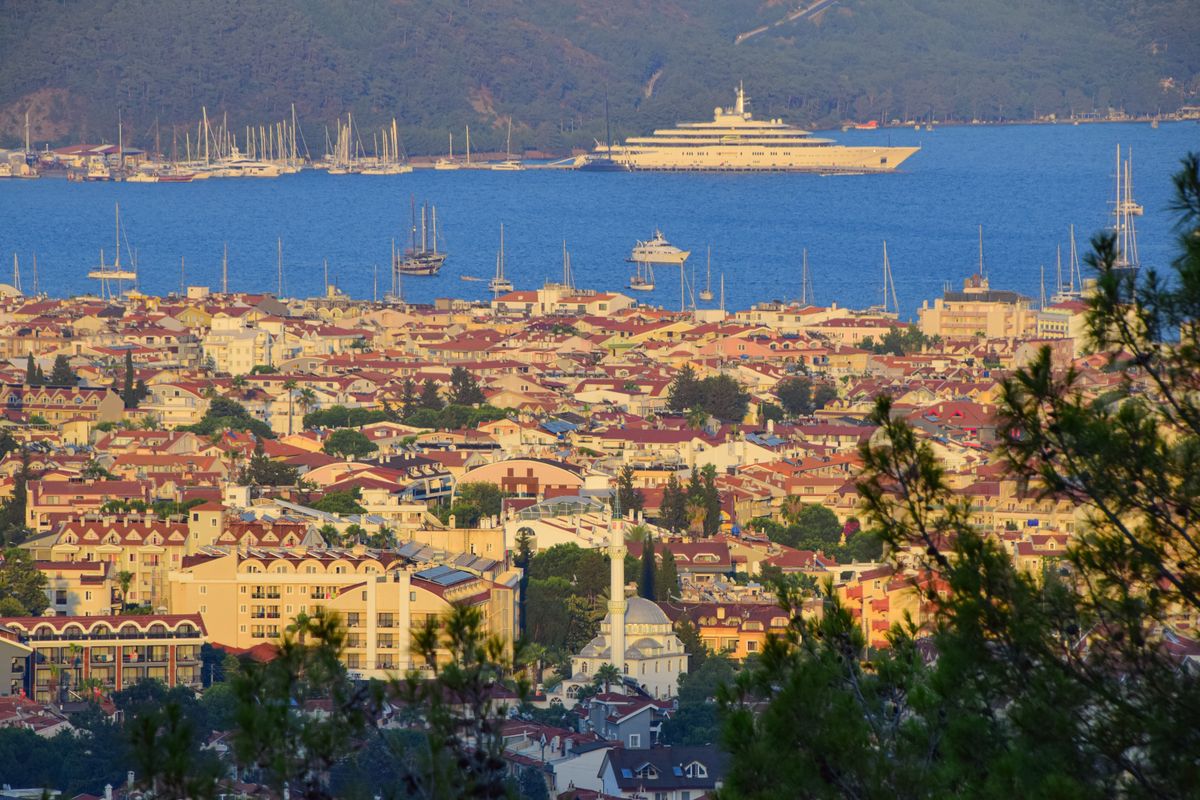Marmaris marina with yachts and the town behind